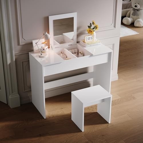 SONNI Schminktisch mit Klappspiegel, Frisierkommode weiß mit Hocker und Spiegel aufklappbar, Kosmetiktisch, Frisiertisch, Schreibtisch, Arbeitstisch 3 in 1 Design, Holz, Schlafzimmer, 100x45x76cm.
