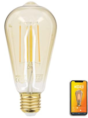 KOZII, Ampoule LED Connectée E27 ST64 Filament Verre Ambré 4,9W, Éclairage Multi-Blancs avec Variation de Luminosité, Idéale pour Décoration Intérieure et Ambiance Personnalisée.