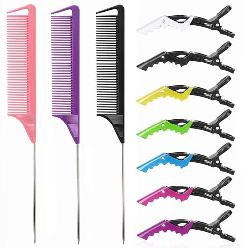 Rat Tail and Parting Combs with Styling Clips: 3 Metal Teasing Combs for Braids, 7 Professional Sectioning Hair Clips