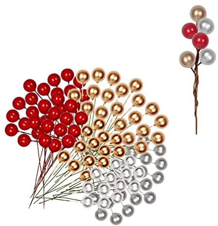100 pièces Baies de Houx de Noël Artificielles, Baies de Houx Artificielles Couleurs Mélangées Tiges Baies d'Hiver Bouquet Branches de Baies, Baies Rouges de Noël pour Ornements de Sapin de Noël