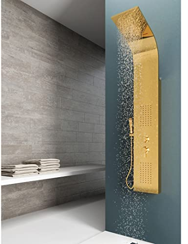 EM Pannello Doccia a Colonna Gold Acciaio Oro Lucido Opaco 4 Funzioni Con Cascata Doccetta Miscelatore Acqua Calda Fredda