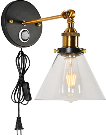 Kiven Plug in Auto ON/Off Wall Lamp, PIR Motion Sensor Wall Lighting fixtures with 5.9ft Plug in Cord, Glass Lampshade, Vintage Black Wall Lamp for Bedroom Hallway Kitchen E26 Socket