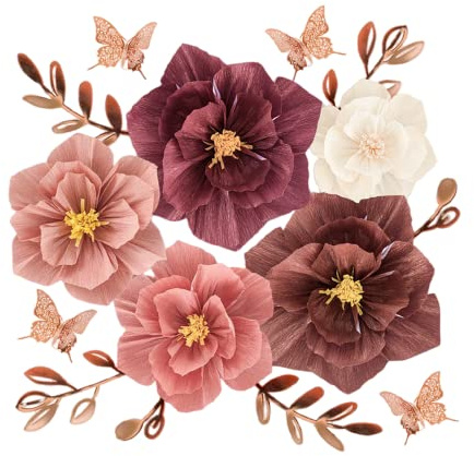 19-teiliges Papierblumen-Dekorationszubehör-Set, Papierblumen-Dekoration für Wand, große Pfingstrose, Schmetterling,Blatt,Kugeln mit Klebeband für Hochzeit, Party, Hintergrundwand (Roségold)