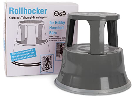 OfficeMarshal Tritthocker runde Sitzhocker Rolltritt Rollhocker Küchentritt Arbeitshocker mit Rollen Elefantenfuss Fusstritt Werkstatthocker | aus Stahl bis 150kg | Grau