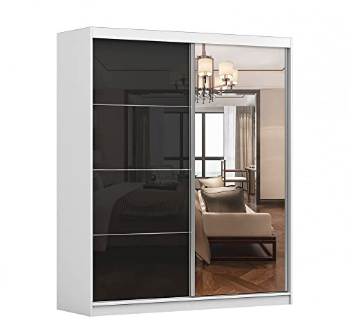 Kleiderschrank M31 mit Spiegel 183 cm, Schwebetürenschrank, Garderobeschrank Schlafzimmer; Wohnzimmerschrank; Korpus Schrank Farbe: Weiß; Farbe der Schrankfront: Schwarz Hochglanz- 2 Schiebetüren