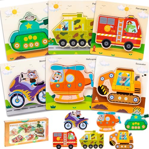 LEcylankEr Puzzle ab 1 2 3, 6 Stück Holzpuzzle Kinder, Dinosaurier/Auto Steckpuzzle 1 2 3 Jahre, Montessori Spielzeug Geschenke für Jungen Mädchen (Auto)