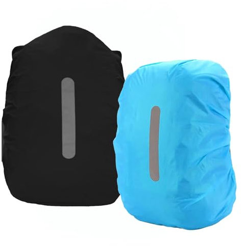 PINEPAN fundas impermeables para mochilas y mochilas escolares, protección contra la lluvia para camping, senderismo, con rayas reflectantes, 20 l, 2 unidades (negro y azul)
