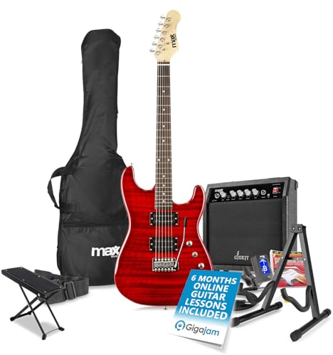 Max GigKit Quilt Top Beginner Electric Guitar Package - Dark Red - Complete Guitar Starter Pack with 6 Months Lessons - Ideal Beginner Electric Guitars with Accessories Included
