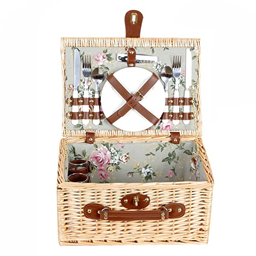 HAVVMK Picknickkorb aus Weide im Landhausstil, Picknickset für 2 Personen, Geschenkset mit Weidenkorb, Rattankorb mit Deckel, Picknickkorb für draußen für Picknicks, Partys und Grillabend