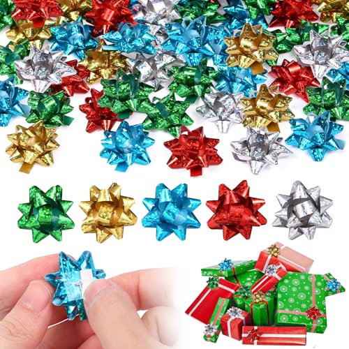 LEMESO 100 Stück Geschenkschleifen kleine Dekoschleifen Selbstklebend Geschenk Schleifen Set Fertige Schleifen Metallische Geschenkbänder für Weihnachten Geschenkverpackung Deko (Laser 3cm)