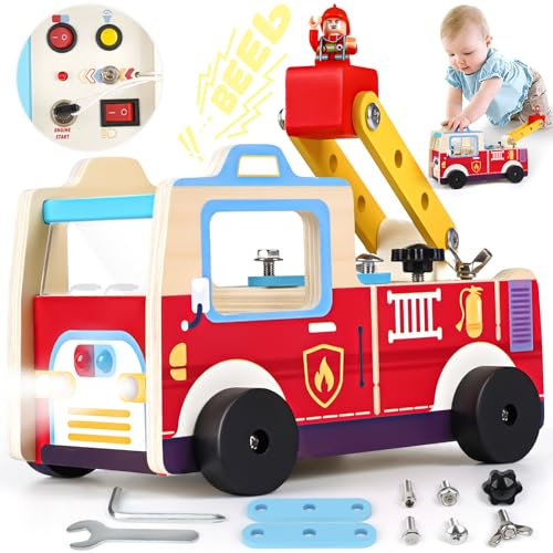 Vanplay Werkzeugkoffer Kinder Spielzeug Ab 3 Jahre Kinder Werkzeugkoffer Feuerwehrauto Holz mit Licht und Sound Geschenk Junge Mädchen 3 4 5 Jahre