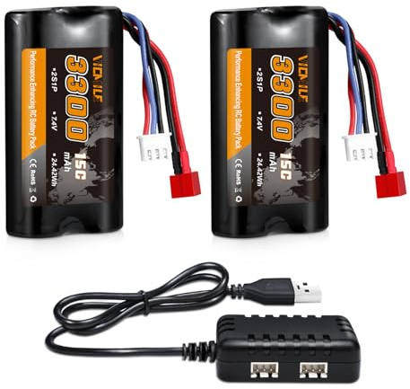 VICMILE 7.4V Li-ion Akku 3300mAh High Capacity RC Battery with Deans T Plug 2S Rechargeable Battery with 1 to 2 USB Charger Fit for WLtoys 4WD High Speed RC Cars Most 1/10, 1/12, 1/16 Scale Trucks