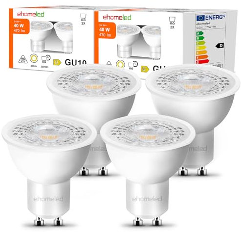 ehomeled GU10 LED Glühbirne Leuchtmittel Warmweiß(3000K), 470 Lumen, ersetzt 40W Halogenlampe, energiesparend, 38° Spotlicht, ideal für Wohnzimmer, Küche & Flur, nicht dimmbar, 4er-Pack
