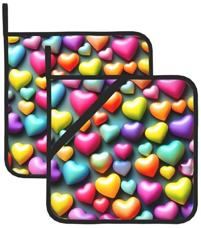 YHBLYKXP Set di 2 presine colorate con cuori arcobaleno stampati, presina resistente al calore, per barbecue e cottura