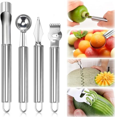 GUOYOU 4 Pcs Melon Baller Scoop Set, Stainless Steel Fruit Ball Scoop Carving Tools, Fruit Carving Tools, with Fruit Core Remover Tool, Multifunctional Fruit Peeler, for DIY Fruit Salads and Desserts