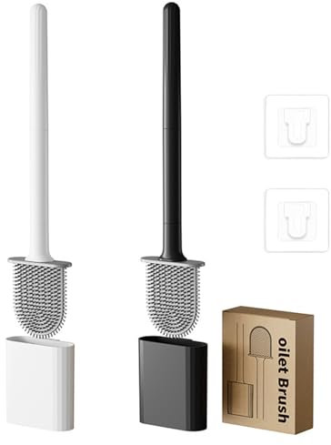 Yolistar 2 Pack Scopino WC Silicone, Scopino Bagno Autopulente Piatto, Scopino Bagno Montaggio a Parete/in Piedi, Porta Scopino Per La Pulizia Profonda, per la pulizia del bagno (Nero+Bianco)