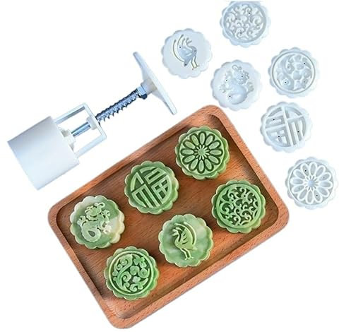 VDLLQYN, 50g Thickness Adjustable Cookie Stamps Moon Cake Mold With 6 Stamps,Mooncake Flower Round Bakeware,for Baking DIY Cake Cookie Biscuit Dessert Mooncake Mould ，Mooncake Mould