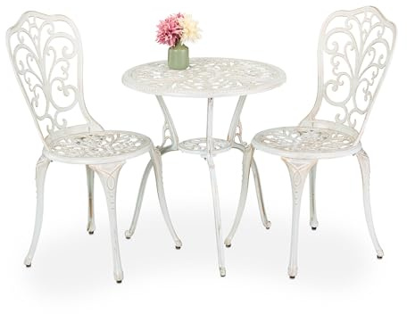 Relaxdays Set med trädgårdsmöbler, 3 delar, bord och 2 stolar, gjuten aluminium, balkongmöbler antik design, trädgård sittgrupp, vit/brons