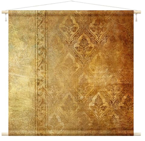 micasia Wandteppich Muster Stoffbild inkl. Holzstäbe & Seile Wanddeko - Made in Germany - Ornamente Retro Vintage gold Wohnzimmer Schlafzimmer Wandbehang 1166 (110x110cm)