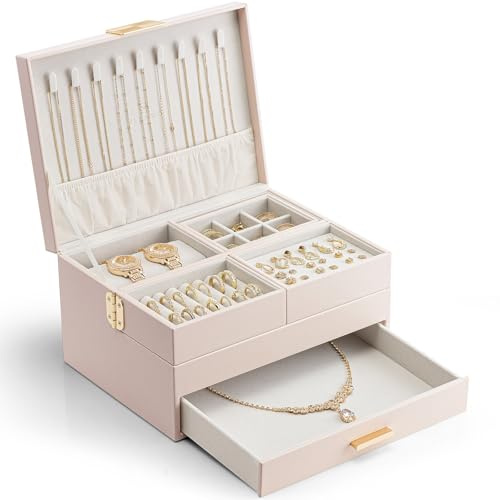 Vlando Schmuckkästchen Groß für Damen Schmuckaufbewahrung mit ausziehbarem Tablett Schmuck Organizer mit Schublade für Halsketten, Ringe, Armbänder, Ohrringe, Mütter und Mädchen,Rosa