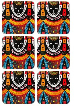 matop Ethnic Mask Wooden Coasters Set of 6 – Tribal Inspired Cork Drink Mats – Heat Resistant Cultural Decor for Boho, Artistic, or Global-Themed Homes