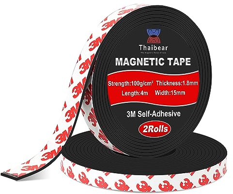 Thaibear Magnetic Tape Self Adhesive, 2 Rolls Magnetic Strips with 3M Adhesive Backing (15mm Wide x 4m Long), Magnet Tape Strip Roll Perfect for DIY, Art Projects