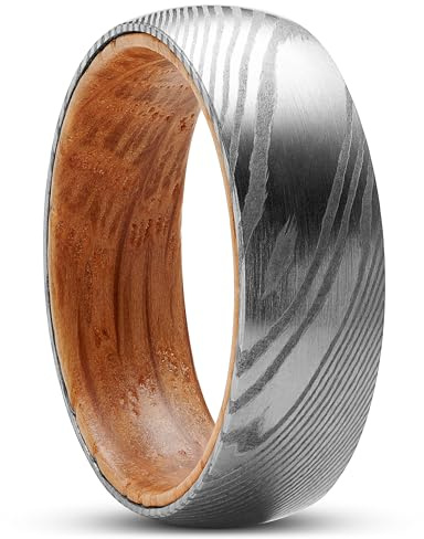 Lucleon Bague Trendhim pour homme | 7 mm en acier damas et bois | finition brossée et sablée | design danois | acier et marron, 73mm, Métal, Aucune pierre précieuse