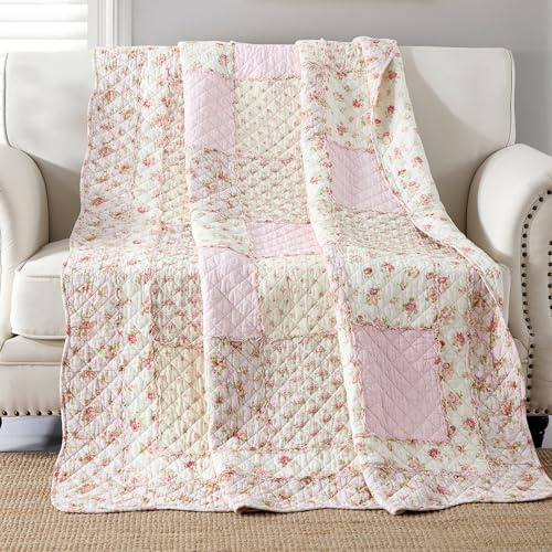 Qucover Colcha individual acolchada suave 100% algodón rosa floral patchwork colcha 127 x 152 cm colcha decorativa sofá sofá