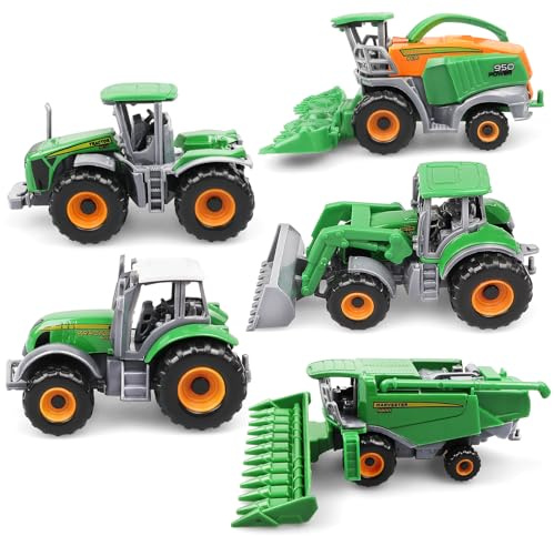 AtomDream Tech 5 Pack Farm Tractor Toys for Kids, Child-Safe Plastic & Die-Cast Farm Trucks, Mini Equipment Vehicles for Boys Ages 3–9, Toddler Learning & Pretend Play Toy, (5P Green)