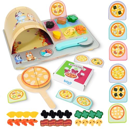 Bluey Juego de Pizza – Juego de 35 Piezas de Comida de Juguete, Juego de Pizza de Madera con Horno, Piezas para Pizza, Caja, Cortador, Pala, Tarjetas de Pedido y Rellenos – Juego de Juguetes para
