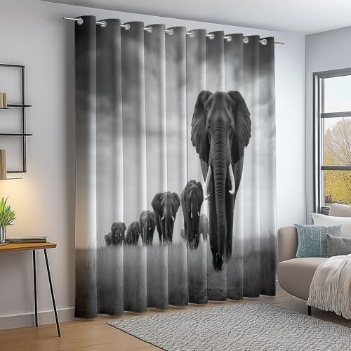 Verdunklungsvorhänge Fotografie Tiere Afrikanische Elefanten Bedruckte Vorhänge Blickdicht mit ösen Verdunkelung, Gardinen Für Schlafzimmer Wohnzimmer Deko, H 160 x B 70 cm (2er Pack) Grau