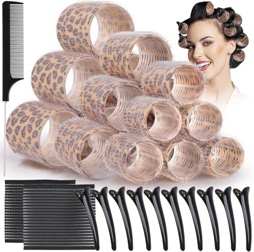 GeeRic 33 Piezas Rulos Pelo Grandes, Set de Rulos para el Pelo Profesional 25mm 36mm 44mm Autoadhesivas Bigudies Pelo Rulos Yautoadhesivos,Profesional Rulo de Peluqueria Salón,con 12 Clips