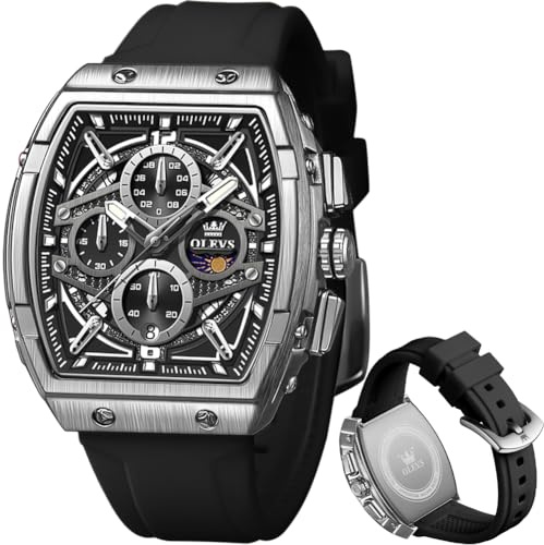 OLEVS Men Watches Business Dress Chronograph Big Square Quartz Analog Male Watch Silicone Strap Waterproof Date Gift Mens Wrsit Watch Silver