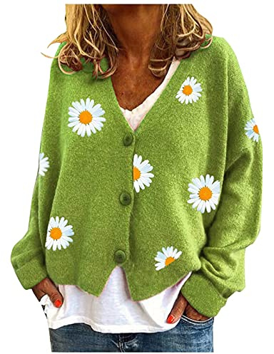 Damen Strickjacke Gänseblümchen Druck Strickmantel V Ausschnitt Strickcardigan Langarm Lose mit Knopf Liebe Drucken Sterndruck Strick Cardigan Pullover Trachtenjacke Herbst Winter Grau Weiß S M L XL