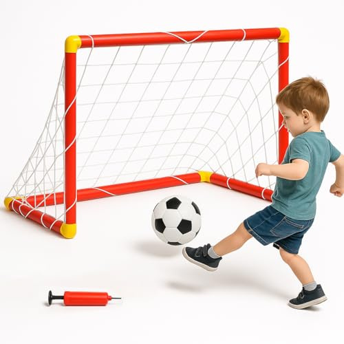 Toyana Kids Football Goal & Net 108x78cm – Portable Soccer Goal Post Set with Ball & Pump, Easy Assembly Indoor Outdoor Garden Training Practice Playset for Boys & Girls Age 3+ Years - Red