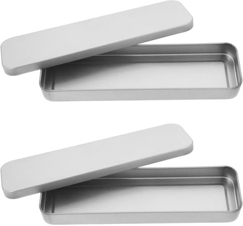SOPOTUTU 2pcs Silver Tinplate Stationery Organizer Box for Students Pens and Erasers, Spacious Rectangular Pencil Case with Lid Design, Stylish and Sleek Storage Solution for School