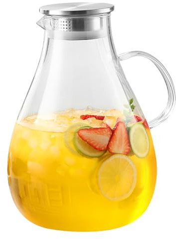 Jarra de vidrio con asa y tapa, jarra de té helado transparente de 2 litros con boquilla, de agua de vidrio resistente al frío y al calor para jugo té helado, de bebidas