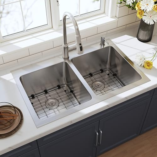 Precyon 33 Inch Drop In Double Bowl Kitchen Sink, 33x22 Topmount 16 Gauge 304 Stainless Steel 50/50 Commercial Grade Kitchen Sinks, Strainer and Grid Included, 33 x 22 x 9