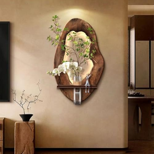 Schmale, vertikale Wanddekoration für kleine Räume: Sandstein-Wandbild, 3D-Kunstgemälde mit LED-Beleuchtung, Moderne, minimalistische Dekoration mit grünen Pflanzen für Eingangsbereich, Schlafzimmer,