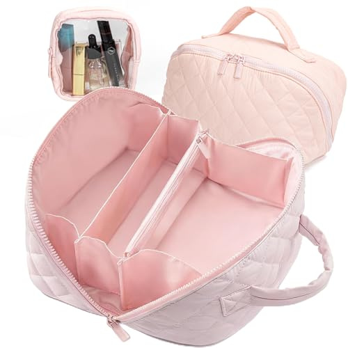 2Set Travel Makeup Bag for Woman,Lay-Flat Puffer Cosmetic Organizer Pouch,Large Capacity Make Up Case Open Flat Toiletry Bags,Cosmetic Bags,Quilted Makeup Bags with Brush Compartment & Handle (Pink)