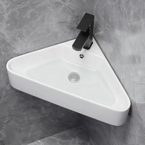 TRAGLO Modernes Eckwaschbecken für Gästetoiletten, Wandmontage, mit Warm- und Kaltwasserhahn, kleines Keramikwaschbecken für Badezimmer-WCs, Weiß(Style B)