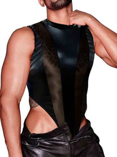 EHSUYAB Mens Sexy Lingerie, Hook Crotch Thong High Cut Bodysuit Top Rave Outfit, Glossy Mock Neck Sheer Singlet Muscle Suit Black Leather X-Small-Small