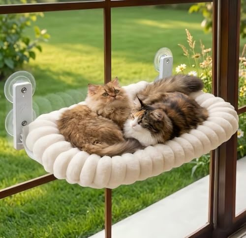 EDAGNY Elegant Hamac pour Chat Pliable - Hamac Chat Fenetre avec réversible et Lavable lit pour, lit de fenêtre avec 4 ventouses puissantes Supporte jusqu'à 18kg (Creme, L)