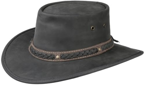 Barmah Squashy Bronco Leder Traveller Rindlederhut Flechtband (M (56-57 cm) - schwarz)