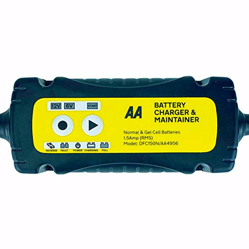 AA AA4956 Car Battery Charger Maintainer UK Plug Fully Automatic with Crocodile Clamps Eyelet Connectors As Used By AA Patrols,Black/Yellow,1.5 Amp 6 V/12 V, Packaging May Vary