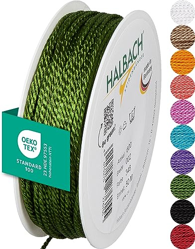 Halbach Satinkordel, 2 mm x 50 m, moosgrün | Glänzende Acetat-Kordel, Made in Germany und Öko-Tex 100 zertifiziert, waschbar und wetterfest, ideal für Indoor und Outdoor