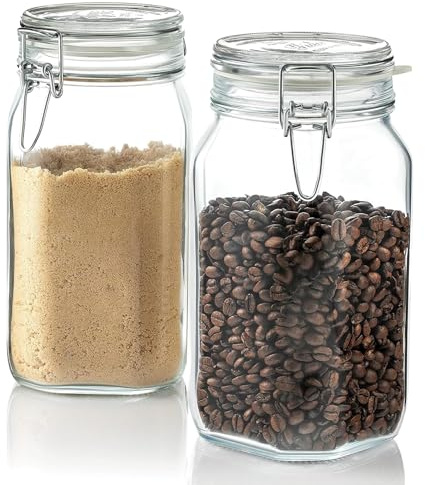 Bormioli Rocco Fido Glass Jars - 50.75 oz Large Airtight Container with Clamp Lids & Rubber Seals, BPA-Free Glass Canisters for Pantry Display, Decorative Kitchen Storage, Events & Weddings (Set of 2)