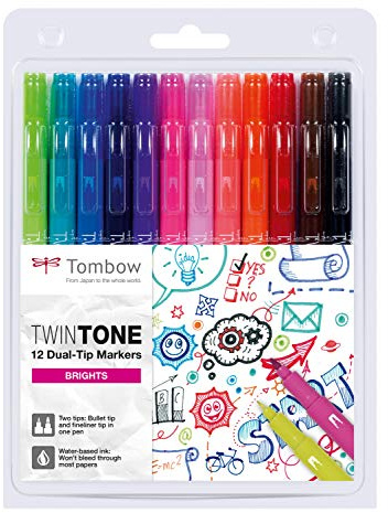 Tombow WS-PK-12P-1 Twintone Marker Set 12-Pack, Dual-Tip, Bright, bunt
