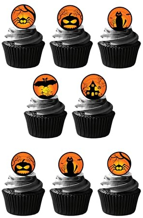 24 vorgeschnittene schwarze und orangefarbene Halloween-Themen, essbares Oblatenpapier, runde Kuchendekorationen