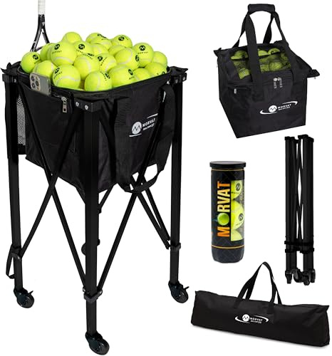 MORVAT Professional Tennis & Pickle Ball Hopper Holds 165 Balls Heavy-Duty Pro Sports Practice Cart, Foldable Portable Compact & Lightweight Zippered Pocket & Racket Holder, Carry Bag + 3 Tennis Balls